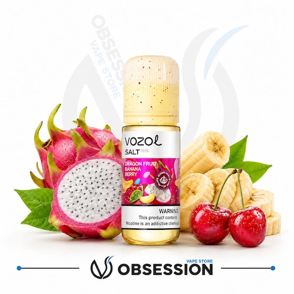 Vozol Salt vape juice bottle with dragon fruit, bananas, and cherries on a white background