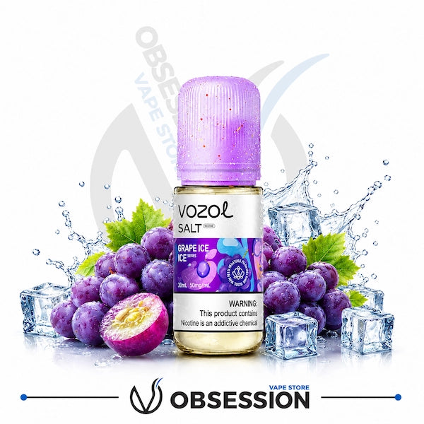 Vozol Grape Ice vape juice bottle with grapes and ice cubes on a white background
