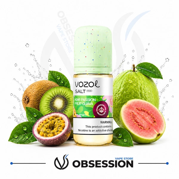 VOZOL vape juice bottle with guava, kiwi, and passion fruit on a white background