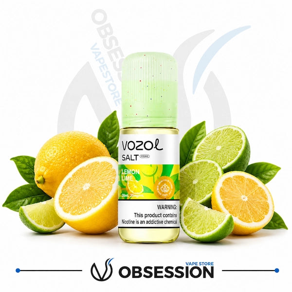 Vozol Salt vape juice bottle with lemon and lime fruits on a white background