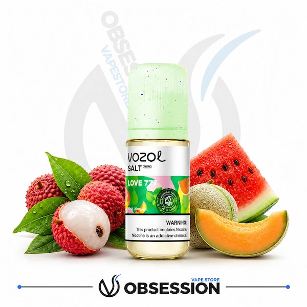 Vozol salt nicotine product with fruit slices on a white background
