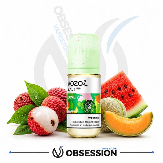 Vozol salt nicotine product with fruit slices on a white background