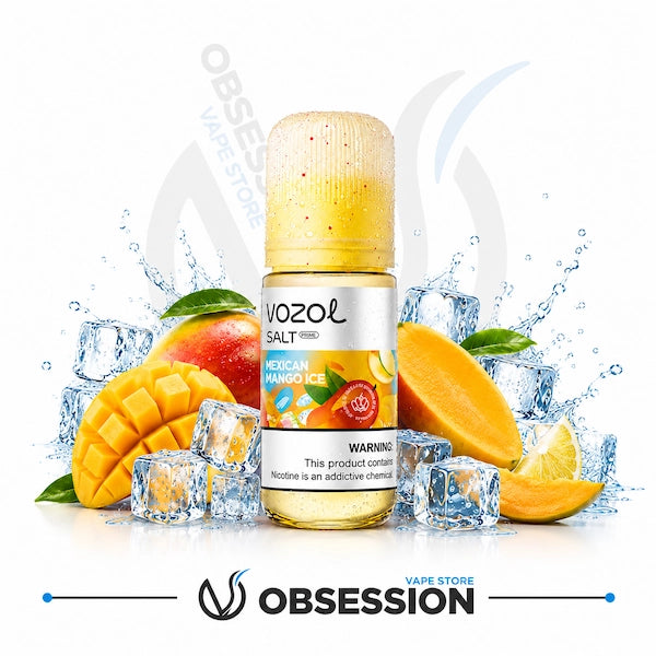Vozol Mango Ice vape juice bottle with mangoes and ice cubes on a white background