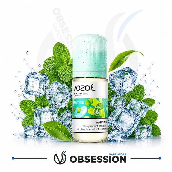 Vozol Mint Ice vape juice bottle with mint leaves and ice cubes on a white background, featuring the Obsession Vape Store logo.