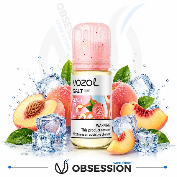 Vozol Salt peach ice vape juice bottle with peaches and ice cubes on a white background