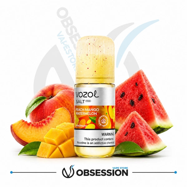 VOZOL vape juice bottle with peach, mango, and watermelon slices on a white background