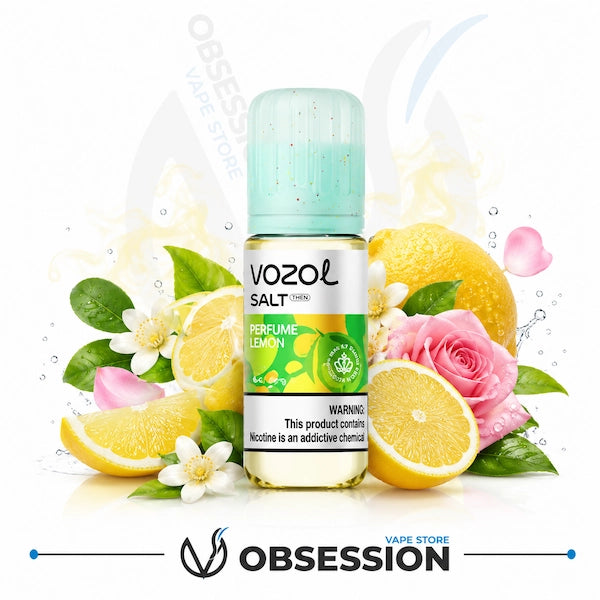 Vozol Salt vape juice bottle with lemons, roses, and flowers on a white background