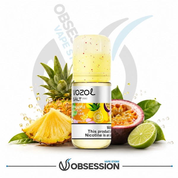 Vozol vape juice bottle with pineapple, lime, and passion fruit on a white background