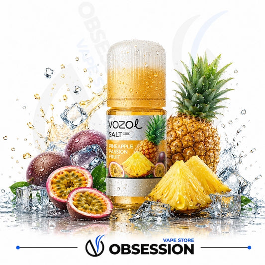 A bottle of Vozol Salt e-liquid in Pineapple Passion Fruit flavor, styled with fresh pineapple slices, whole pineapples, passion fruit, and ice cubes on a white background with water splashes. The Obsession Vape Store logo is visible at the bottom.