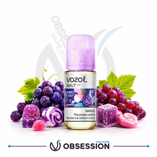 Vozol vape juice bottle with purple candy flavor surrounded by grapes and candy on a white background.