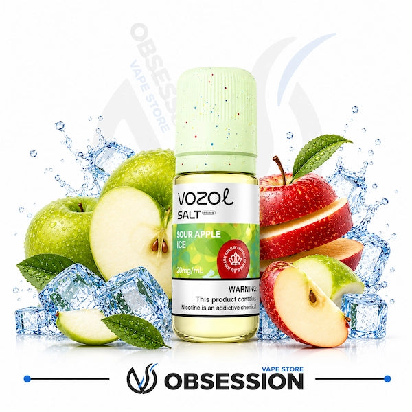 Vozol Salt vape juice bottle with sour apple ice flavor surrounded by apples and ice cubes on a white background.