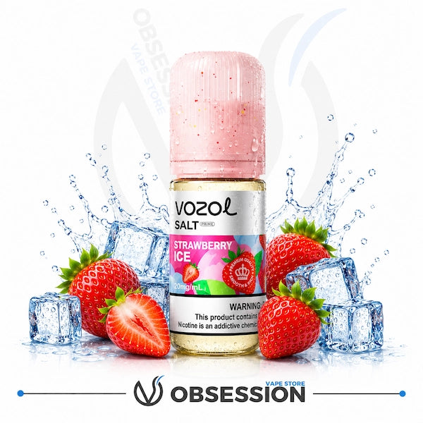 Vozol Strawberry Ice vape juice bottle with strawberries and ice cubes on a white background