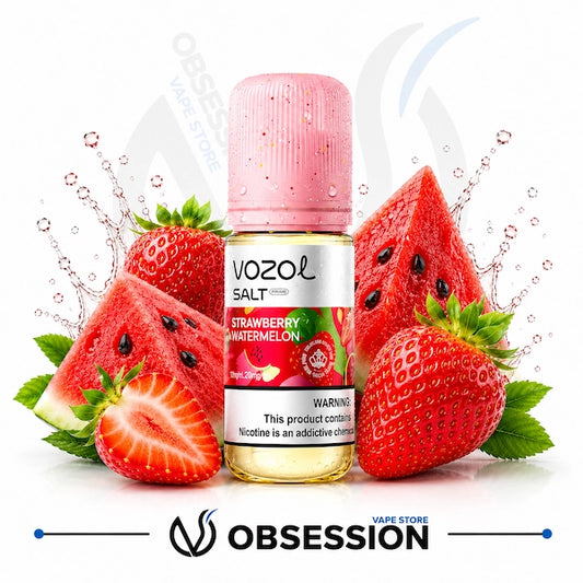 VOZOL Strawberry Watermelon vape juice bottle with watermelon and strawberry slices on a white background