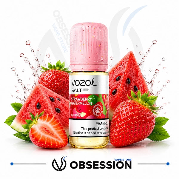 VOZOL Strawberry Watermelon vape juice bottle with watermelon and strawberry slices on a white background