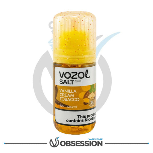Vozol Salt Vanilla Cream Tobacco e-liquid bottle on a white background with 'Obsession' branding.