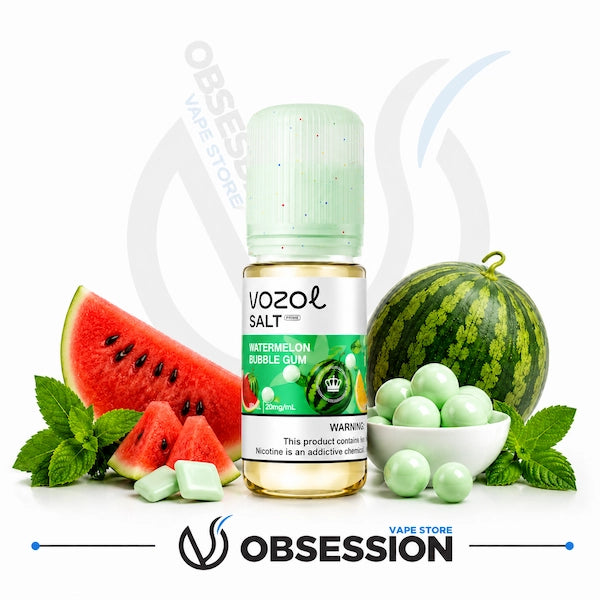 Vozol Salt watermelon bubble gum vape juice bottle with watermelon slices, mint leaves, and green candies on a white background.