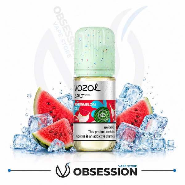 VOZOL salt vape juice bottle with watermelon flavor surrounded by ice cubes on a white background.