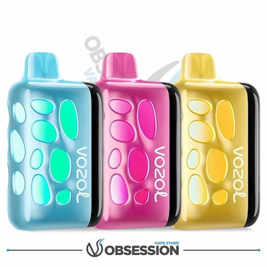 Three colorful Vozel vape devices in blue, pink, and yellow on a white background with 'Obsession' branding.