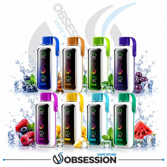 Collection of colorful vape devices with fruit and ice elements on a white background, featuring the 'Obsession' brand.