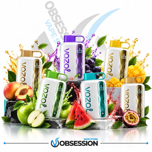Six Vozol disposable vape devices in assorted colors (white, purple, green, teal, gold, yellow) arranged in a stylized product display with fresh fruits (peaches, watermelon, apples, mango, passion fruit) and ice cubes on a reflective white surface. The background is white with a faint 'OBSES' logo and a 'VAPEA STORE' watermark at the bottom.