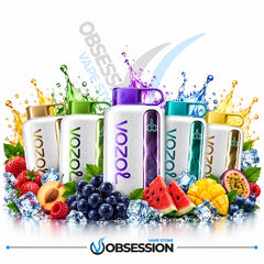 Six VOOZ1 vape devices in assorted colors (white, purple, teal, green, gold) arranged with colorful fruit slices, berries, and ice cubes on a white background, featuring 'OOBSSESSION' branding.