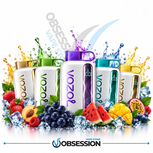 Six VOOZ1 vape devices in assorted colors (white, purple, teal, green, gold) arranged with colorful fruit slices, berries, and ice cubes on a white background, featuring 'OOBSSESSION' branding.