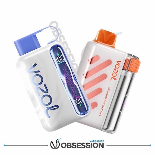 VOZOL vape devices with digital display and colorful design on a white background, featuring the brand 'Vape Store Obsession'.