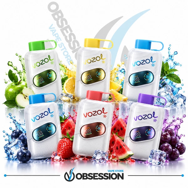 Six Vozol disposable vape devices in assorted flavors, arranged in a dynamic group with fresh fruit slices, ice cubes, and colorful liquid splashes on a white background. The devices feature white bodies with colorful accents (green, yellow, blue, red, brown, purple) and are branded with the Vozol logo.