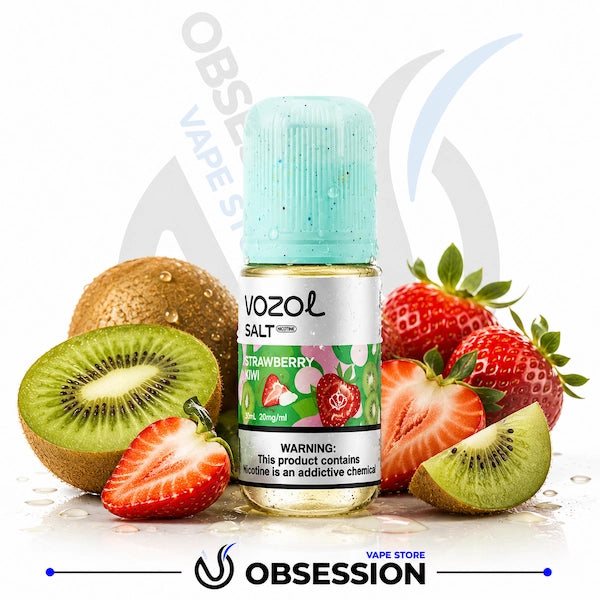 A bottle of Vozol Salt Strawberry e-liquid centered on a white background, surrounded by fresh strawberries and sliced kiwi. The bottle has a light blue cap and a white label with green and pink graphics.