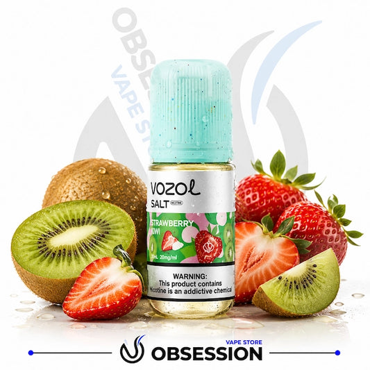 A bottle of Vozol Salt Strawberry e-liquid centered on a white background, surrounded by fresh strawberries and sliced kiwi. The bottle has a light blue cap and a white label with green and pink graphics.