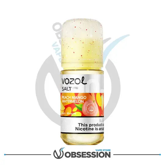 VOZOL Salt vape juice bottle with peach mango watermelon flavor on a white background