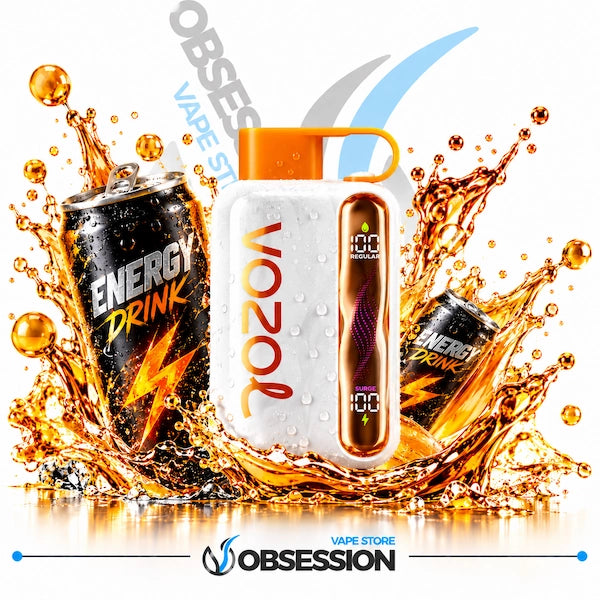 A white Vozol disposable vape device with an orange mouthpiece and side display screen, surrounded by dynamic amber liquid splashes and two black energy drink cans on a white background. The Obession brand logo is visible at the bottom.