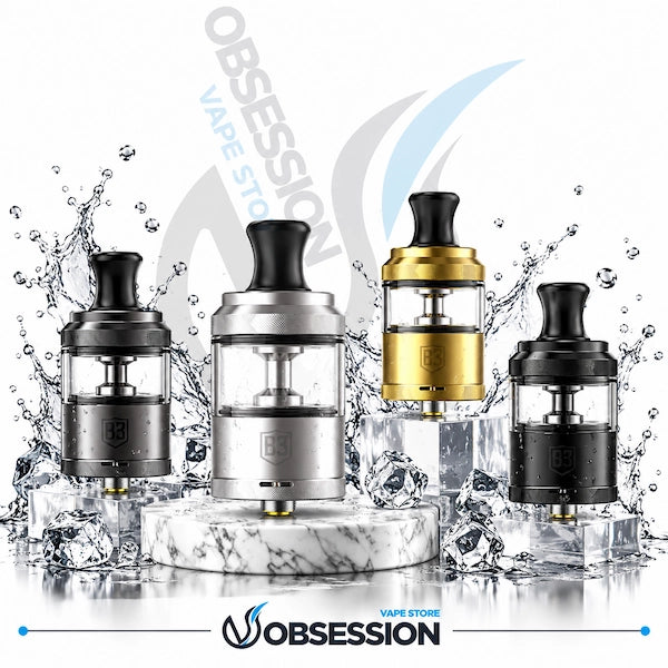 Three Obsession vape tanks displayed on a marble pedestal with ice cubes and water splashes. The tanks are shown in three color options: black, silver, and gold.