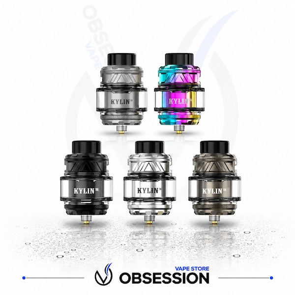 Five KYLIN vape tanks on a white background with 'Obsession Vape Store' logo.