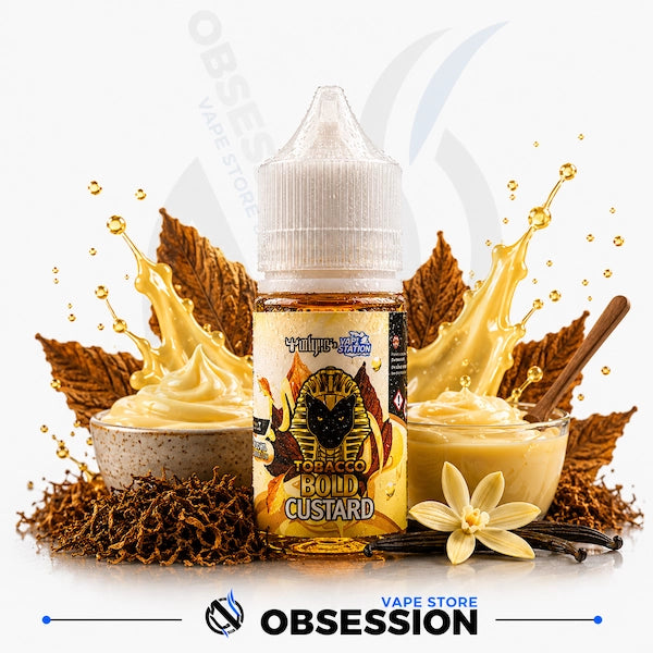 Vape juice bottle labeled 'Tobacco Bold Custard' with vanilla and tobacco elements on a white background.