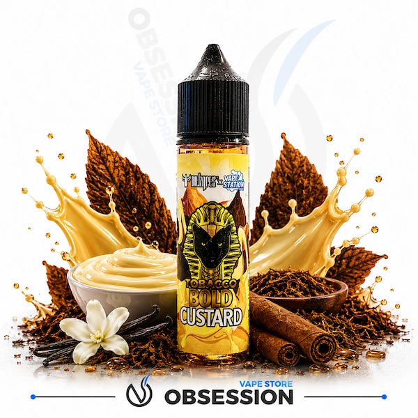 Vape juice bottle labeled 'Tobacco Bold Custard' with tobacco leaves, cream, and vanilla beans on a white background.