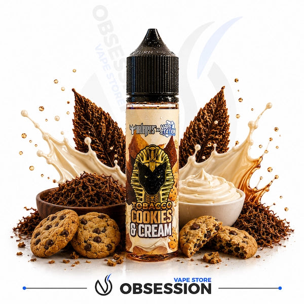 Vape juice bottle labeled 'Cookies & Cream' with cookies and cream elements on a white background.
