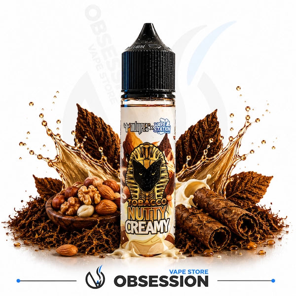 Vape juice bottle labeled 'Tobacco Nutty Creamy' with chocolate and nut elements on a white background.