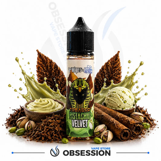 Vape juice bottle labeled 'Pistachio Velvet' surrounded by pistachios, ice cream, and cinnamon sticks on a white background.