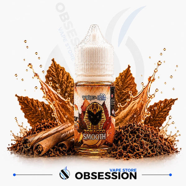 Vape juice bottle with tobacco flavor surrounded by leaves and cinnamon sticks, branded as Obsession Vape Store.