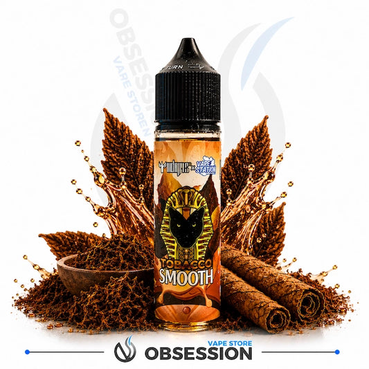 Vape juice bottle with tobacco flavor surrounded by leaves and a bowl on a white background.