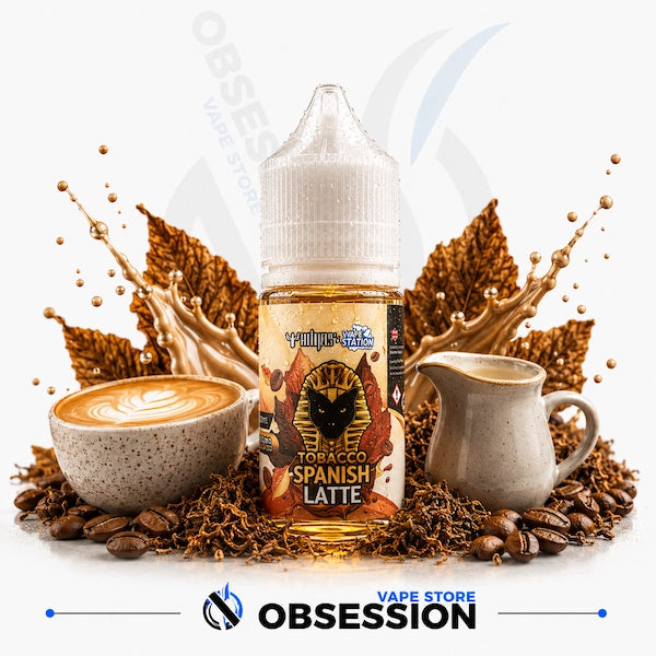 Vape juice bottle labeled 'Tobacco Spanish Latte' surrounded by coffee-themed elements on a white background.