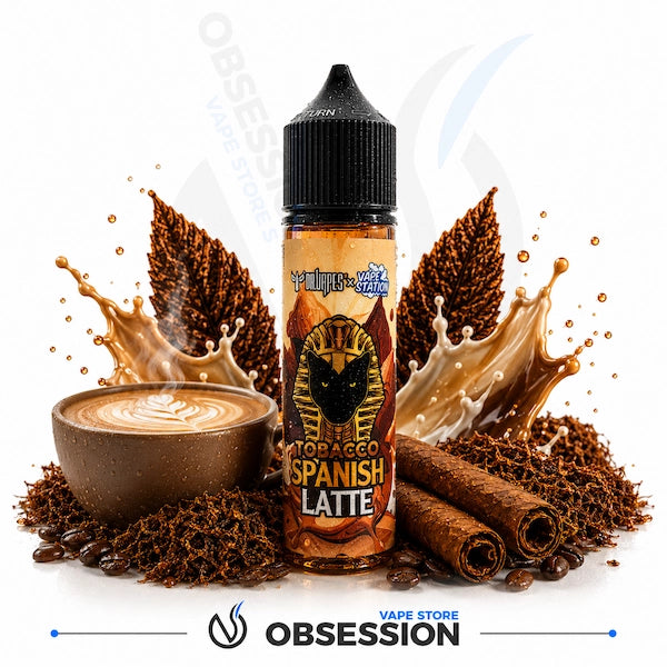 Vape juice bottle labeled 'Tobacco Spanish Latte' with coffee cup, coffee beans, and cinnamon sticks on a white background.