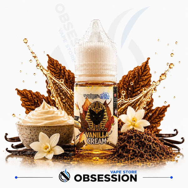 Vanilla cream vape juice bottle with vanilla flowers and leaves on a white background
