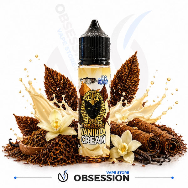 Vanilla cream vape juice bottle with vanilla beans and leaves on a white background