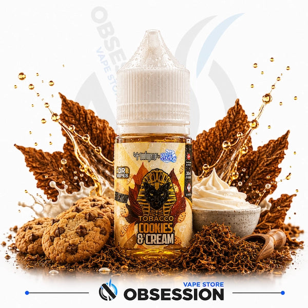 Vape juice bottle labeled 'Cookies & Cream' with cookies, cream, and leaves on a white background.