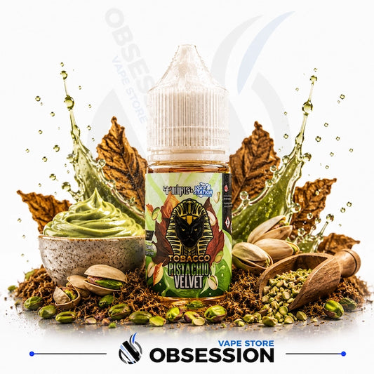 Vape juice bottle with pistachio flavor surrounded by pistachios and tobacco leaves on a white background.