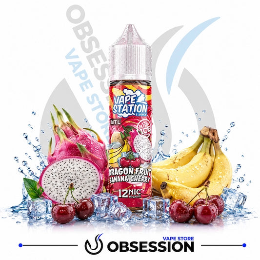 A bottle of Vape Station 12mg e-liquid in Dragon Fruit Banana Chergri flavor, styled with fresh dragon fruit, bananas, cherries, and ice cubes on a white background with water splashes. The Obsession Vape Store logo is visible at the bottom.
