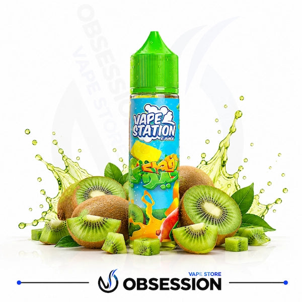 A bottle of Obsession Vape Station e-liquid with a bright green cap and a colorful blue label, surrounded by kiwi slices, kiwi pulp splashes, and kiwi fruit on a white background with the Obsession logo at the bottom.