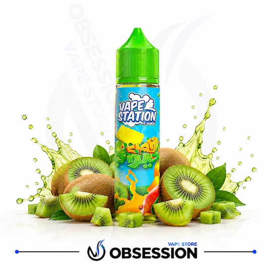 A bottle of Obsession Vape Station e-liquid with a bright green cap and a colorful blue label, surrounded by kiwi slices, kiwi pulp splashes, and kiwi fruit on a white background with the Obsession logo at the bottom.